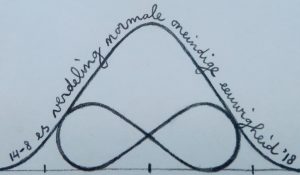 Een getekende wiskundige normale verdeling met daarin getekend een lemniscaat teken, met langs de normale verdeling de geschreven tekst 14-8 es verdeling normale oneindige eeuwigheid '18